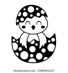 Black and white chicken clipart. Cute Easter chick doodle in cartoon flat style. Hand draw vector illustration