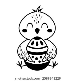 Black and white chicken clipart. Cute Easter chick doodle in cartoon flat style. Hand draw vector illustration