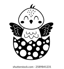 Black and white chicken clipart. Cute Easter chick doodle in cartoon flat style. Hand draw vector illustration