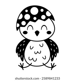 Black and white chicken clipart. Cute Easter chick doodle in cartoon flat style. Hand draw vector illustration