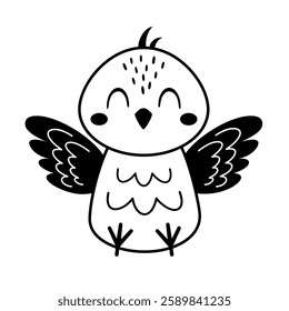 Black and white chicken clipart. Cute Easter chick doodle in cartoon flat style. Hand draw vector illustration