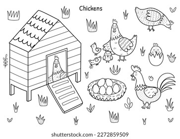 Black and white chicken set with a cute hen, rooster, chicks and eggs. Chicken coop with a bird inside. Farm characters collection for coloring book. Vector illustration