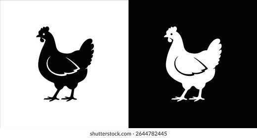 Black and white chicken silhouettes isolated on white and black backgrounds
