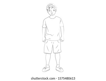 Black and White Child. Cute Boy Clipart. Black and White Vector Illustration