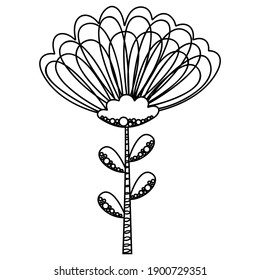 Black and white childish cute single stylized flower chamomile or chrysanthemum in Scandinavian style. Isolated outline cartoon floristic doodle. For coloring book, logotype, nursery decor. Vector.