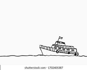 black and white childish hand drawn continuous line art boat seamless pattern, wallpaper, texture, banner, label, background etc. vector design