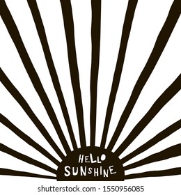 Black and White childish illustration with sun and text. Hello sunshine paper cut style lettering. Typographic print for kids nursery design.