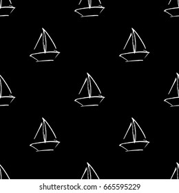 Black and white childish pattern with yacht silhouette. Light summer travel adventure pattern. Infinitely repeating motif. Background with a pen. Vector illustration.