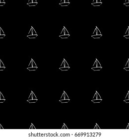 Black and white childish pattern with yacht silhouette. Light summer travel adventure pattern. Infinitely repeating motif. Vector illustration.