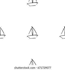 Black and white childish pattern with yacht silhouette. Light summer travel adventure pattern. Infinitely repeating motif. Vector illustration.