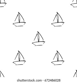 Black and white childish pattern with yacht silhouette. Light summer travel adventure pattern. Infinitely repeating motif. Vector illustration.