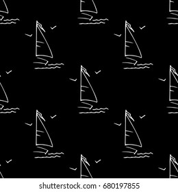 Black and white childish pattern with yacht silhouette. Light summer travel adventure pattern. Infinitely repeating motif. Vector illustration.