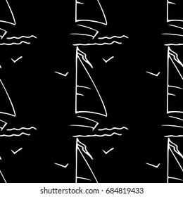 Black and white childish pattern with yacht silhouette. Light summer travel adventure pattern. Marine icon. Infinitely repeating motif. Vector illustration.
