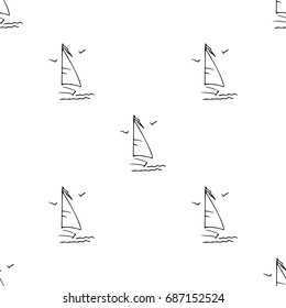 Black and white childish pattern with yacht silhouette. Light summer travel adventure pattern. Marine icon. Infinitely repeating motif. Vector illustration.