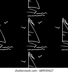 Black and white childish pattern with yacht silhouette. Light summer travel adventure pattern. Marine icon. Infinitely repeating motif. Vector illustration.