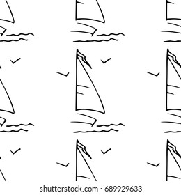 Black and white childish pattern with yacht silhouette. Light summer travel adventure pattern. Marine icon. Infinitely repeating motif. Vector illustration.