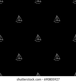 Black and white childish pattern with yacht silhouette. Light summer travel adventure pattern. Marine icon. Infinitely repeating motif.