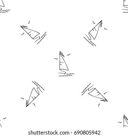 Black and white childish pattern with yacht silhouette. Light summer travel adventure pattern. Marine icon. Infinitely repeating motif.