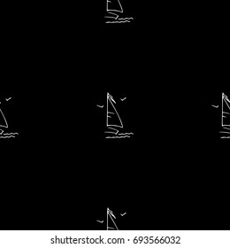 Black and white childish pattern with yacht silhouette. Light summer travel adventure pattern. Marine icon. Infinitely repeating motif.