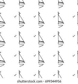 Black and white childish pattern with yacht silhouette. Light summer travel adventure pattern. Marine icon. Infinitely repeating motif.