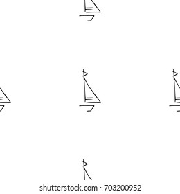 Black and white childish pattern with yacht silhouette. Light summer travel adventure pattern. Marine icon. Infinitely repeating motif.