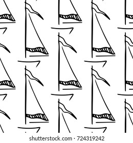 Black and white childish pattern with yacht silhouette. Light summer travel adventure pattern. Marine icon. Infinitely repeating motif. Retro yacht, ship, sailboat, boat transport pattern.