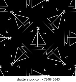 Black and white childish pattern with yacht silhouette. Light summer travel adventure pattern. Marine icon. Infinitely repeating motif. Retro yacht, ship, sailboat, boat transport pattern.