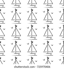 Black and white childish pattern with yacht silhouette. Light summer travel adventure pattern. Marine icon. Infinitely repeating motif. Retro yacht, ship, sailboat, boat transport pattern.