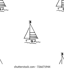 Black and white childish pattern with yacht silhouette. Light summer travel adventure pattern. Marine icon. Infinitely repeating motif. Retro yacht, ship, sailboat, boat transport pattern.