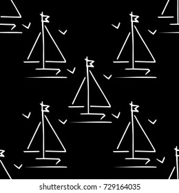 Black and white childish pattern with yacht silhouette. Light summer travel adventure pattern. Marine icon. Infinitely repeating motif. Retro yacht, ship, sailboat, boat transport pattern.