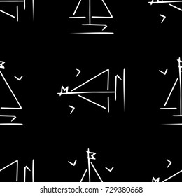 Black and white childish pattern with yacht silhouette. Light summer travel adventure pattern. Marine icon. Infinitely repeating motif. Retro yacht, ship, sailboat, boat transport pattern.