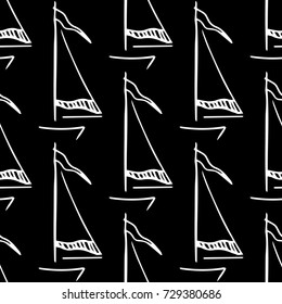 Black and white childish pattern with yacht silhouette. Light summer travel adventure pattern. Marine icon. Infinitely repeating motif. Retro yacht, ship, sailboat, boat transport pattern.