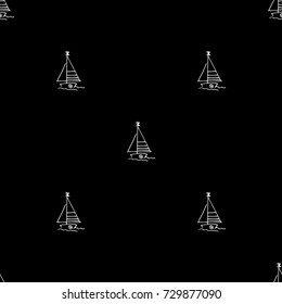 Black and white childish pattern with yacht silhouette. Light summer travel adventure pattern. Marine icon. Infinitely repeating motif. Retro yacht, ship, sailboat, boat transport pattern.