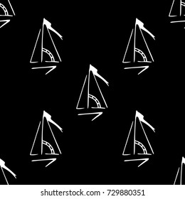 Black and white childish pattern with yacht silhouette. Light summer travel adventure pattern. Marine icon. Infinitely repeating motif. Retro yacht, ship, sailboat, boat transport pattern.