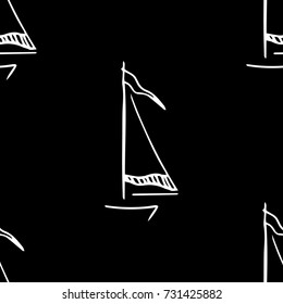 Black and white childish pattern with yacht silhouette. Light summer travel adventure pattern. Marine icon. Infinitely repeating motif. Retro yacht, ship, sailboat, boat transport pattern.