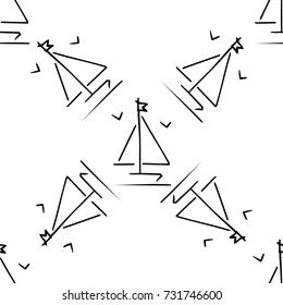 Black and white childish pattern with yacht silhouette. Light summer travel adventure pattern. Marine icon. Infinitely repeating motif. Retro yacht, ship, sailboat, boat transport pattern.