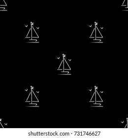 Black and white childish pattern with yacht silhouette. Light summer travel adventure pattern. Marine icon. Infinitely repeating motif. Retro yacht, ship, sailboat, boat transport pattern.
