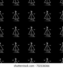 Black and white childish pattern with yacht silhouette. Light summer travel adventure pattern. Marine icon. Infinitely repeating motif. Retro yacht, ship, sailboat, boat transport pattern.