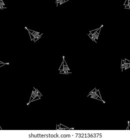 Black and white childish pattern with yacht silhouette. Light summer travel adventure pattern. Marine icon. Infinitely repeating motif. Retro yacht, ship, sailboat, boat transport pattern.