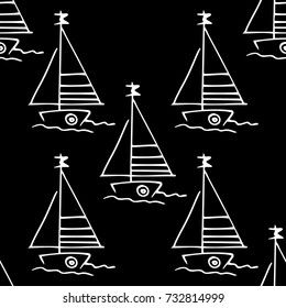 Black and white childish pattern with yacht silhouette. Light summer travel adventure pattern. Marine icon. Infinitely repeating motif. Retro yacht, ship, sailboat, boat transport pattern.