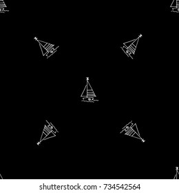 Black and white childish pattern with yacht silhouette. Light summer travel adventure pattern. Marine icon. Infinitely repeating motif. Retro yacht, ship, sailboat, boat transport pattern.