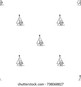 Black and white childish pattern with yacht silhouette. Light summer travel adventure pattern. Marine icon. Infinitely repeating motif. Retro yacht, ship, sailboat, boat transport pattern.