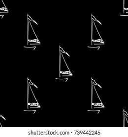 Black and white childish pattern with yacht silhouette. Light summer travel adventure pattern. Marine icon. Infinitely repeating motif. Retro yacht, ship, sailboat, boat transport pattern.