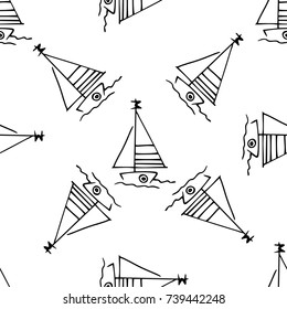 Black and white childish pattern with yacht silhouette. Light summer travel adventure pattern. Marine icon. Infinitely repeating motif. Retro yacht, ship, sailboat, boat transport pattern.