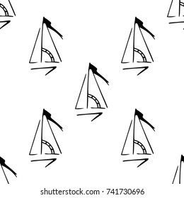 Black and white childish pattern with yacht silhouette. Light summer travel adventure pattern. Marine icon. Infinitely repeating motif. Retro yacht, ship, sailboat, boat transport pattern.