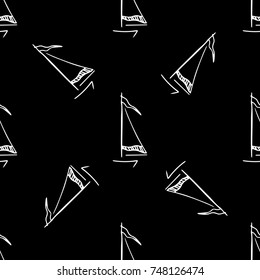 Black and white childish pattern with yacht silhouette. Light summer travel adventure pattern. Marine icon. Infinitely repeating motif. Retro yacht, ship, sailboat, boat transport pattern.