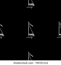 Black and white childish pattern with yacht silhouette. Light summer travel adventure pattern. Marine icon. Infinitely repeating motif. Retro yacht, ship, sailboat, boat transport pattern.