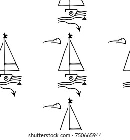 Black and white childish pattern with yacht silhouette. Light summer travel adventure pattern. Marine icon. Infinitely repeating motif. Retro yacht, ship, sailboat, boat transport pattern.