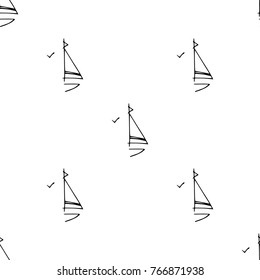 Black and white childish pattern with yacht silhouette. Light summer travel adventure pattern. Marine icon. Infinitely repeating motif.