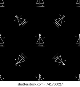 Black and white childish seamless pattern with yacht silhouette. Light summer travel adventure design. Marine icon. Infinitely repeating motif. Retro ship, sailboat, boat transport.

